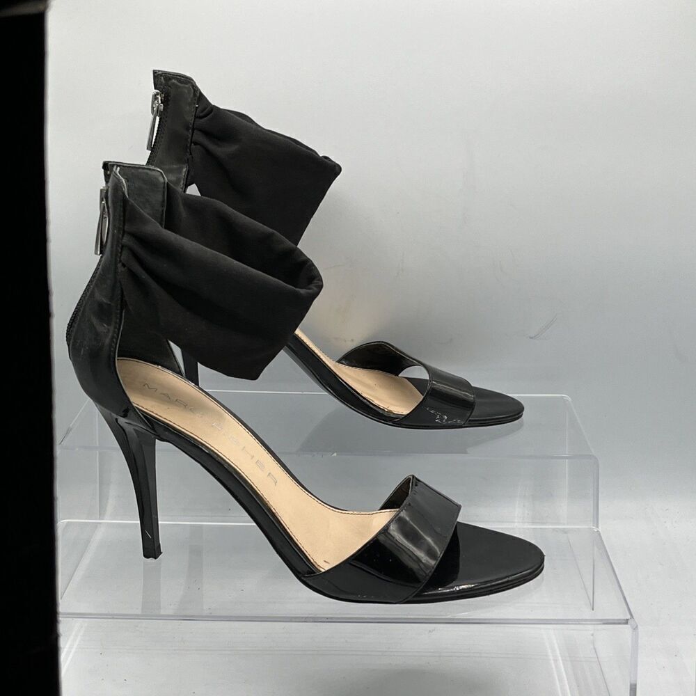 Marc Fisher Black Patent Stiletto Heels Size 8 Zip Back Chic Ankle Wrap